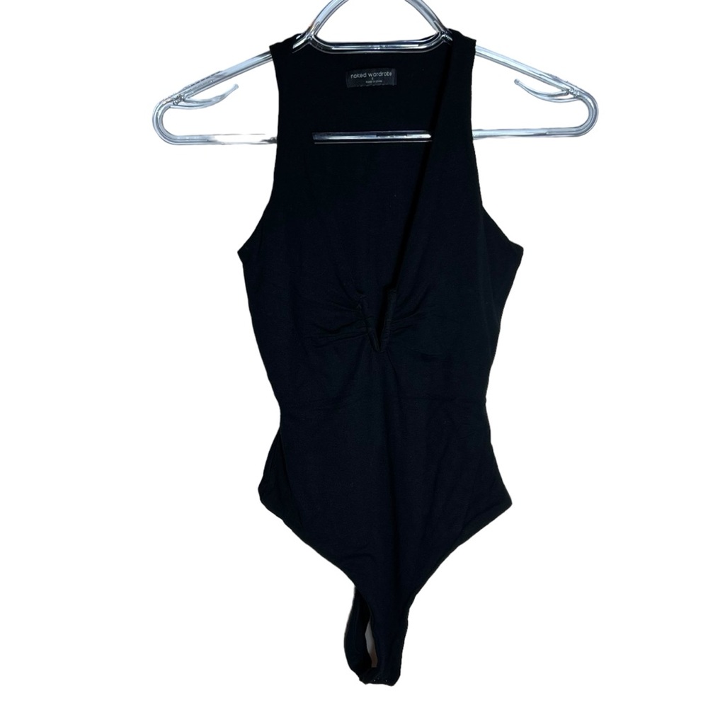 Naked Wardrobe Black Bodysuit V Neck Sleeveless Stretch Knit Thong Bottom, Small